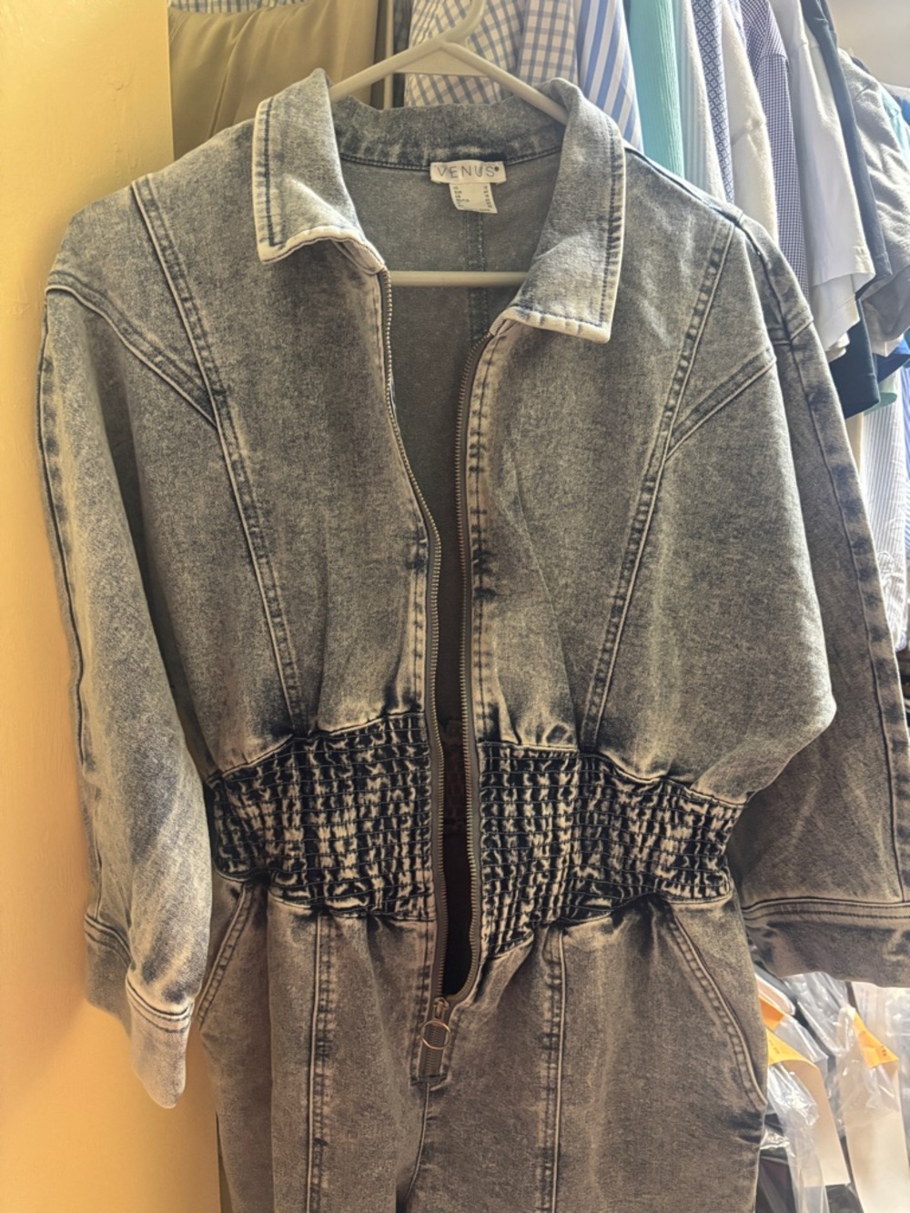 VENUS Black Washed Denim pantsuit with Smocked Waist